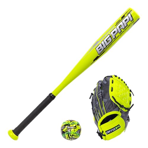 Ortiz34 Youth T-Ball Set, 25” Signature Aluminum T-Ball Bat with -10 Drop, Foam Core T-Ball, 9” Lightweight Youth Glove, Vibrant Graffiti Print - color: Volt/Black