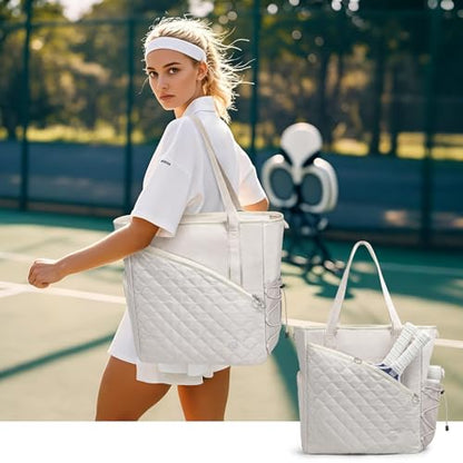 Pickleball Tote Bag for Women with Fence Hook, Quilted Pickleball Bag Holds 3-4 Paddles with Shoe Compartment & Wet Pocket - color: Beige