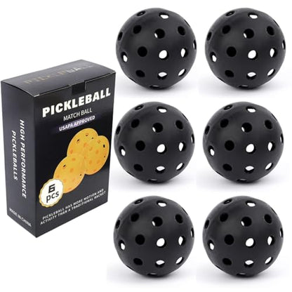 6-Pack Pickleball Balls 40 Holes Outdoor Indoor High Rebounce True Flight High Visibility Durable Black Pickle Balls Set Sport Gifts for Women Men