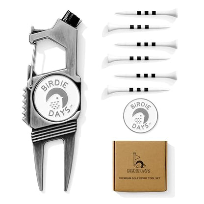 Ball Marker and Magnetic Divot Tool Gift Sets | Antique Silver or Brass Finish | 2 Markers | 1 Multi-Functional Golf Divot Repair | Bottle Opener | Groove Brush Cleaner | Premium Gift Box - color: Black Set