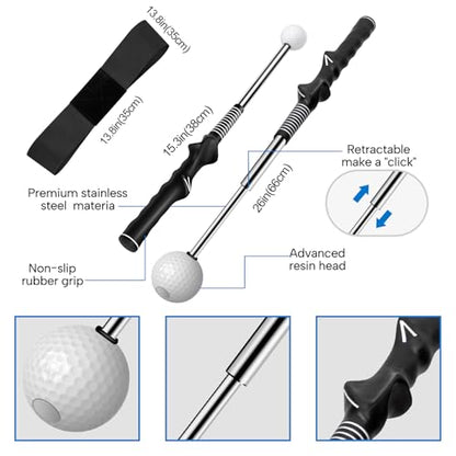 5-in-1 Retractable Golf Swing Training Aid, Indoor & Outdoor Practice Golf Swing Trainer with Arm Band Right/Left-Handed Swing Mechanics for Beginners & Tempo Training for Advanced, Click Feedback