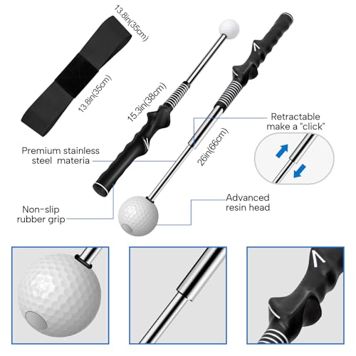 5-in-1 Retractable Golf Swing Trainer – Right/Left-Handed Golf Training Aid with Arm Band Swing Mechanics for Beginners & Tempo Training for Advanced, Click Feedback, Arm Connection