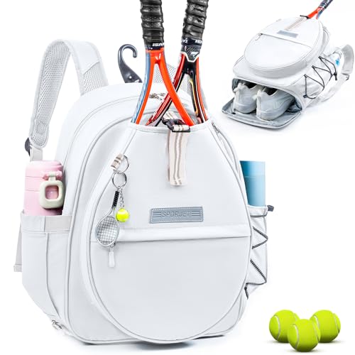 Tennis Backpack with 2 Rackets Holder, Water-Resistant PU Leather Tennis Racket Bag for Women & Men, Sling Crossbody Sports Backpack for Tennis, Pickleball & Badminton, Tennis Gifts - color: White, size: Large with Shoe Compartment