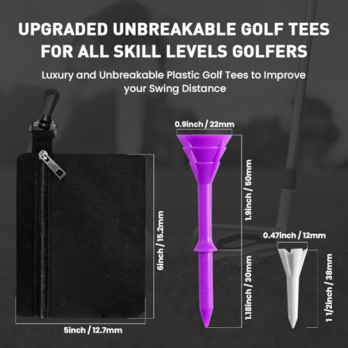 FINGER TEN Golf Tees Plastic Unbreakable 30 Tees 3 1/4 Inch and 20 More Short Tees 1 1/2 Inch with Black Golf Tee Bag, Easy to Find Value Gift Set
