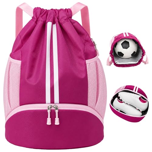 JELUTAR Soccer Bag, Drawstring Soccer Backpack with Shoe Compartment, Water Resistant Sport Gym Bags for Volleyball Basketball Football Beach Swim Pool - color: Rose Pink