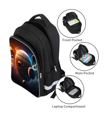 Solar System Planets Stars Space Kids Backpack, Galaxy School Bookbag for Boys and Girls, Polyester, 17 Inches Back Pack, Giftable, Bottle Holders, Tablet Compartment - color: B1-bookbag-outer Space