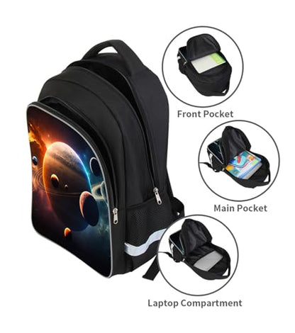 Solar System Planets Stars Space Kids Backpack, Galaxy School Bookbag for Boys and Girls, Polyester, 17 Inches Back Pack, Giftable, Bottle Holders, Tablet Compartment - color: B1-bookbag-outer Space