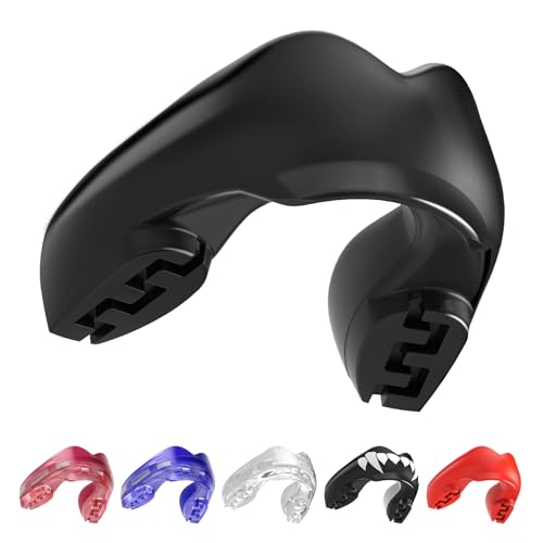 SAFEJAWZ Mouth Guard for Braces, Upper & Lower Protection Mouthguard with Case, Easy Fit Remoldable Mouthpiece for Football, Boxing, Lacrosse, MMA, Basketball & All Contact Sports (One Size, Black) - color: Black