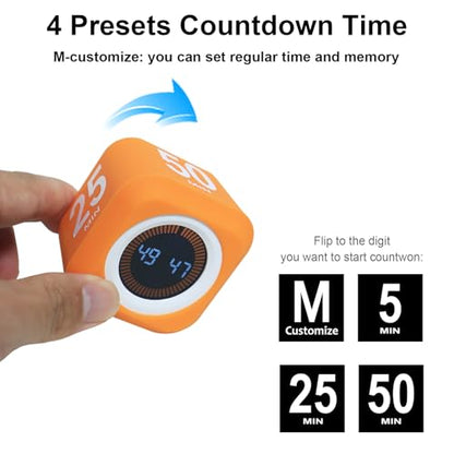 Rotating Pomodoro Cube Visual Timer 5, 25, 10 50 Minutes Preset, Rechargeable Desk Productivity Flip Timer w/Silicone Cover Custom Countdown, Silent Mode for ADHD, Study, Work, School(Blue) - color: Blue+white