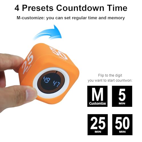 Rotating Cube Pomodoro Visual Timer 5, 25, 10 50 Minutes Preset, Rechargeable Desk Productivity Flip Timer w/Silicone Cover, Custom Countdown, Silent Mode for ADHD, Study, Work, School(Purple) - color: Purple+black