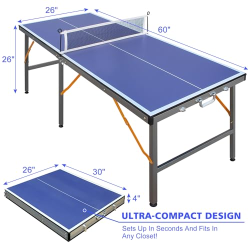 5FT Portable Ping Pong Table, Indoor Outdoor Mid Size Foldable Table Tennis Table, Table Tennis for Rec Room w/ 2 Paddles, 3 Balls, Game Net and Adjustable Feet, Sturdy Iron Frame