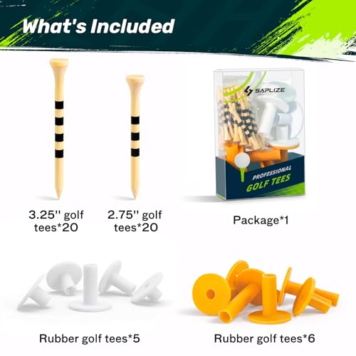 SAPLIZE 51/45/6 Pcs Rubber Golf Tees for Mats, Golf Mat Tee Set for Driving Range & Simulator, Durable Unbreakable Rubber Tees, 11 Rubber Tees + 40 Bamboo Golf Tees (2-3/4'' & 3-1/4'', 20 Each)