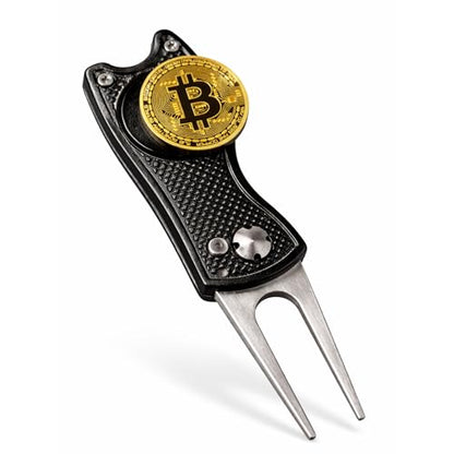 Bitcoin Golf Divot Repair Tool, All-Metal Golf Accessories - 3- in-1 Golf Multitool (Divot Tool, Ball Marker, Club Holder) | Foldable with with Pop-up Button & Magnetic Ball Marker