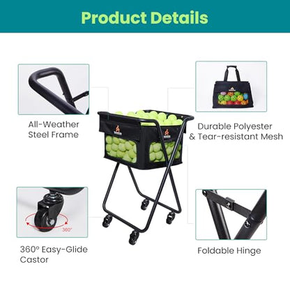 Tennis & Pickleball Cart - 140 Ball Capacity Hopper with Quick-Detach Bag, 4 Smooth Swivel Wheels & Foldable Frame for Easy Court Transport and Compact Storage