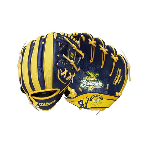Wilson | A200 | Youth T-Ball & Baseball Glove + Mitt | Sizes 9" - 10" | Right + Left Hand Throw | Multiple Styles - color: Navy/Yellow, size: 10"