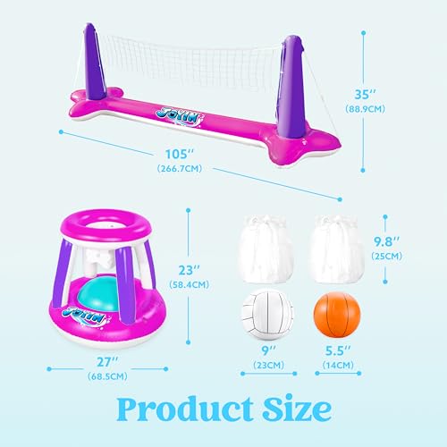 JOYIN Inflatable Pool Float Set Volleyball Net & Basketball Hoops, Floating Swimming Game Toy Floaties for Kids and Adults Volleyball Court (105”x28”x35”)|Basketball (27”x23”x27”),L-Pink Purple - color: Pink Purple, size: Large