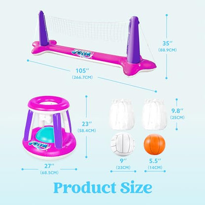 JOYIN Inflatable Pool Float Set Volleyball Net & Basketball Hoops, Floating Swimming Game Toy Floaties for Kids and Adults Volleyball Court (105”x28”x35”)|Basketball (27”x23”x27”),L-Pink Purple - color: Pink Purple, size: Large
