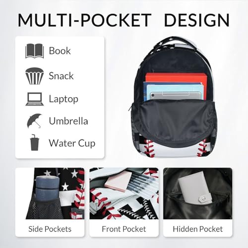 Mercuryelf Kids Backpack – Custom Baseball School Bookbag for Boys and Teens, American Flag Star Monogram School Backpack for Elementary Middle School Students, 17 Inch