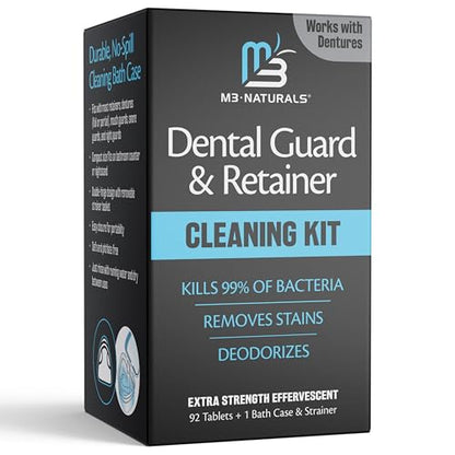 Retainer Cleaner and Soak Container, No-Mess Cleaning Tablets with Universal Denture Bath Case and Strainer, Multipurpose, for Mouth Guard Stains, Odor, and Plaque (92 Tablets + 1 Bath) by M3 - size: Dental Cleaning Kit (1 Count)