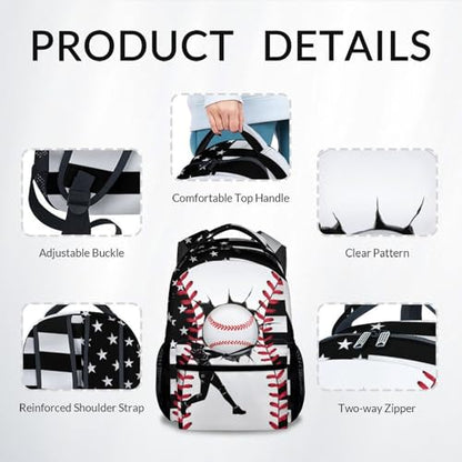 Mercuryelf Kids Backpack – Baseball School Bookbag for Boys and Teens, American Flag School Backpack for Preschool Kindergarten Elementary Students, 17 Inch - color: Black