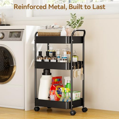 YASONIC 3-Tier Metal Rolling Cart, Sturdy Storage Utility Carts with Wheels, Multifunction Craft Art Organizer for Bedroom, Laundry, Garage, Office, Nursery, Bathroom, Easy Assembly (Black) - color: Black