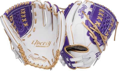 Rawlings | Liberty Advanced Color Series Fastpitch Softball Glove - color: White / Purple / Gold | X-Laced Basket Web, size: 12.5" | Utility
