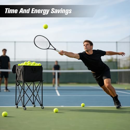 Portable Tennis Ball Hopper Holds 180 Balls, Tennis Ball Basket Cart with 4 Wheels & Brakes, Detachable Oxford Fabric Bag for Tennis and Pickleball Training, Black - color: Black steel