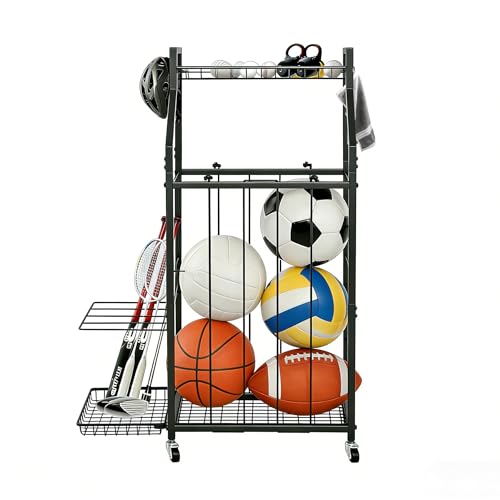 hanmir Ball Storage Rack for Garage, Rolling Sports Ball Organizer with Wheels, Baskets and Hooks, Sports Equipment Storage for Basketball Soccer Football, Garage Organizer (Black)