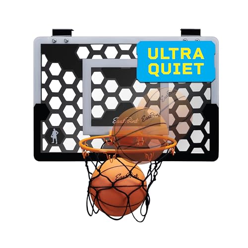 EastPoint Over-the-Door Indoor Basketball Hoop Set - Black, 18 x 12 in Backboard - Quiet Foam Ball for Indoor Basketball Game - Easy No-Drill Setup with Compact Mini Hoop for Rooms