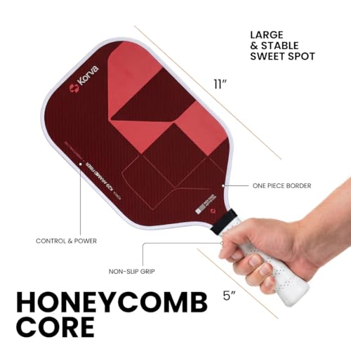 Korva Pickleball Paddle | 16mm Aramid Fiber Face, Elongated Shape, Polypropylene Honeycomb Core | Pickle Ball Paddle for Power, Spin & Control | Lightweight Performance Paddle, Red