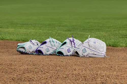 Wilson 2026 A500 Siren Fastpitch Softball Gloves - color: White/Seafoam/Purple, size: Infield/Pitcher: 12"