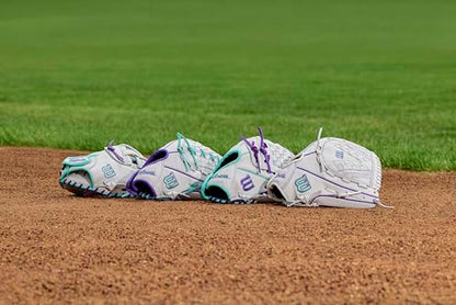 Wilson 2026 A500 Siren Fastpitch Softball Gloves - color: White/Seafoam/Purple, size: Infield/Pitcher: 12"