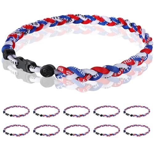 12 Pack Baseball Necklace 18inch, Team Gift for Baseball Funs, Three Braided Titanium Tornado Rope Design, with Muti - Color for Pick - color: Red-Blue-White
