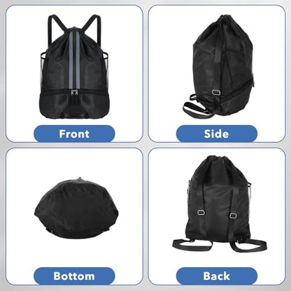 Drawstring Gym Bag with Shoe Compartment and Side Mesh Pockets, Waterproof Sports Drawstring Backpack, Wet and Dry Separation String Backpack for Women Men, Suitable for Fitness, Swimming, Football
