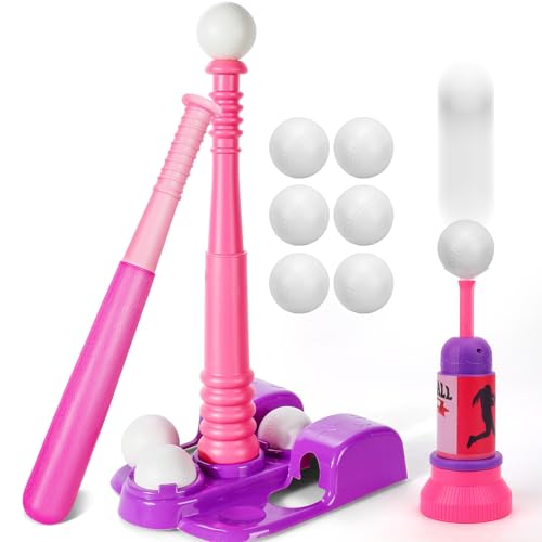 TOY Life T Ball Sets for Kids 3-5, Baseball Set for Toddler Girls, TBall Stand with Ball Launcher and 6 Teeballs, Indoor/Outdoor Sport Toys Gifts for Girls, Pink - color: Pink