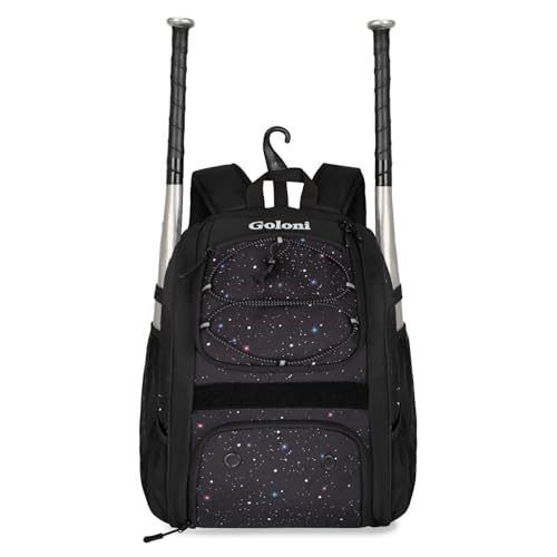 Goloni Youth Baseball Bag,Baseball Backpack with Shoes Compartment,Softball Bag with Fence Hook for T-Ball Bat & Equipment - color: Starry Sky Black