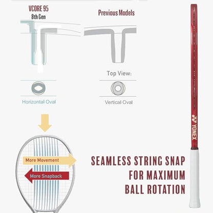 YONEX VCORE 95 Tennis Racquet for Advanced Players | Responsive Spin Racquet with Large Sweet Spot, 16x20 String Pattern & 95in Head | Aerodynamic Spin & Powerful Snapback, Ruby Red, Grip 3 (4 3/8") - size: Grip 3 (4 3/8")