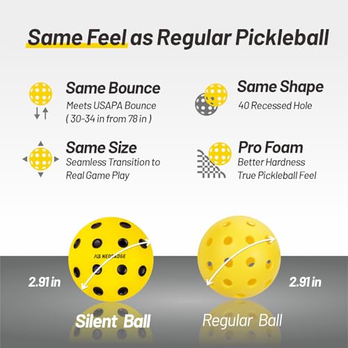 Silent Pickleball Balls - Quiet Practice for Indoor & Outdoor | Pro Foam, 40 Holes | Real Feel Like Traditional Pickleballs | USAPA Standard Bounce | 4-Pack + Bonus Mesh Bag - color: Yellow(Black Dots)