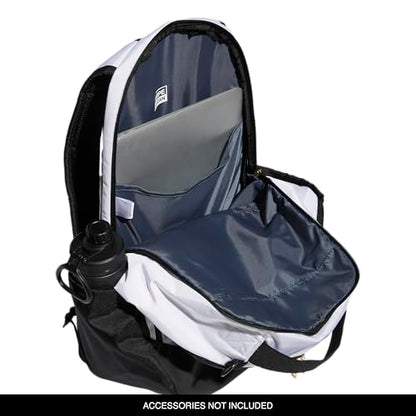 adidas Defender Sports Backpack with Shoe Compartment, Soccer Bag - color: White/Black/Gold Metallic
