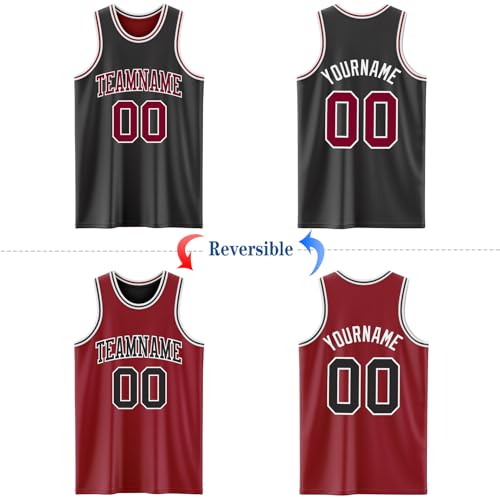 Custom Reversible Basketball Jerseys Men Youth, Personalized Sports Shirts Team Uniforms Printed Name Logo Number - color: Deep Red and Black