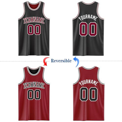 Custom Reversible Basketball Jerseys Men Youth, Personalized Sports Shirts Team Uniforms Printed Name Logo Number - color: Deep Red and Black
