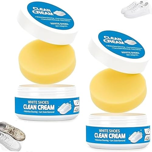2Pcs White Shoe Cleaner Cream, No-Wash Multipurpose Cleaning Paste with Sponge, Stain Remover for Leather Sneakers Soles