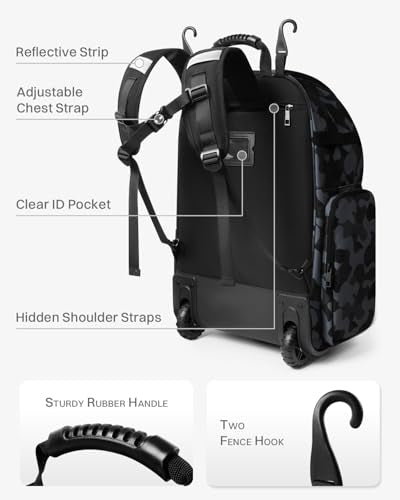 AUROTIER Rolling Baseball Bag with Wheels, Large All-Terrain Wheeled Softball Bag Holds 4 Bats, Water-Resistant Baseball Roller Backpack with Shoe Compartment and Fence Hooks for Players and Coaches - color: Black Camo