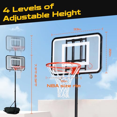 Dreamtrue Foldable Basketball Hoop, Portable Basketball Hoop Outdoor, 7.1FT-8.9FT Adjustable Height, for Beach, Backyard, Park, Driveway