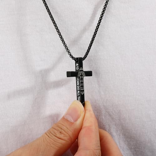 Football Cross Necklace for Boys Men, Stainless Steel Bible Verse Cross Pendant Chain Sports Gear Stuff Christian Religious Jewelry Gifts for Teen Boys Kids - color: Black, style: MATTHEW 28:20