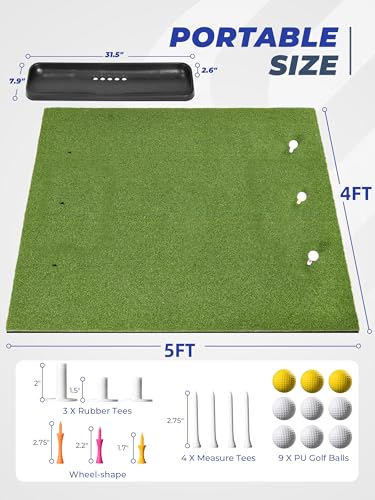 Golf Hitting Mat 5×4ft, Thickened 21/31/36mm Golf Practice Mat for Indoor Outdoor, Top-Notch Artificial Turf Driving Matt with 9 PU Balls+3 Rubber Tee+7 Tee