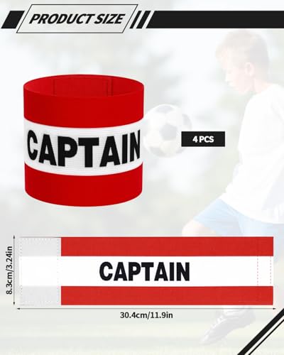 4 Pcs Captain Arm Bands for Soccer, Red Adjustable Soccer Captain Armband, Arm Bands Football for Adults and Youth, Suitable for Rugby, Basketball, Volleyball Teams