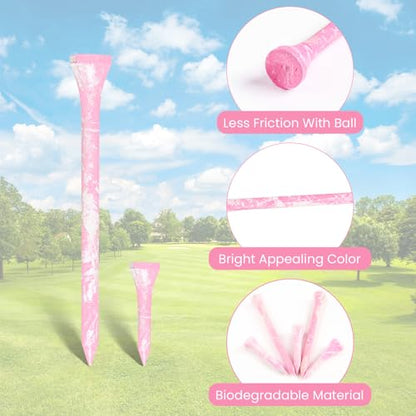 Golf Tees Styllish Bamboo Wooden Coloured Painted 50 Pack, 2 3/4 or 3 1/4 Inch Tee with 10 More Short 1 1/2 Inch Driving Range Tees, Enhanced Visibility Pink Green for Men Women