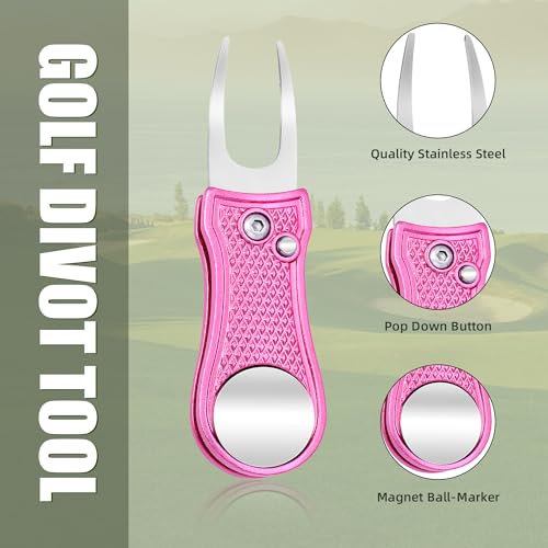 Mile High Life Golf Divot Repair Tool, All Metal Foldable Divot Tool with Pop-up Button & Magnetic Ball Marker - color: Pink Bone