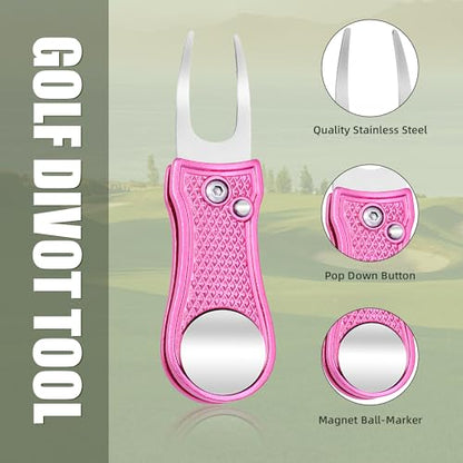 Mile High Life Golf Divot Repair Tool, All Metal Foldable Divot Tool with Pop-up Button & Magnetic Ball Marker - color: Pink Bone